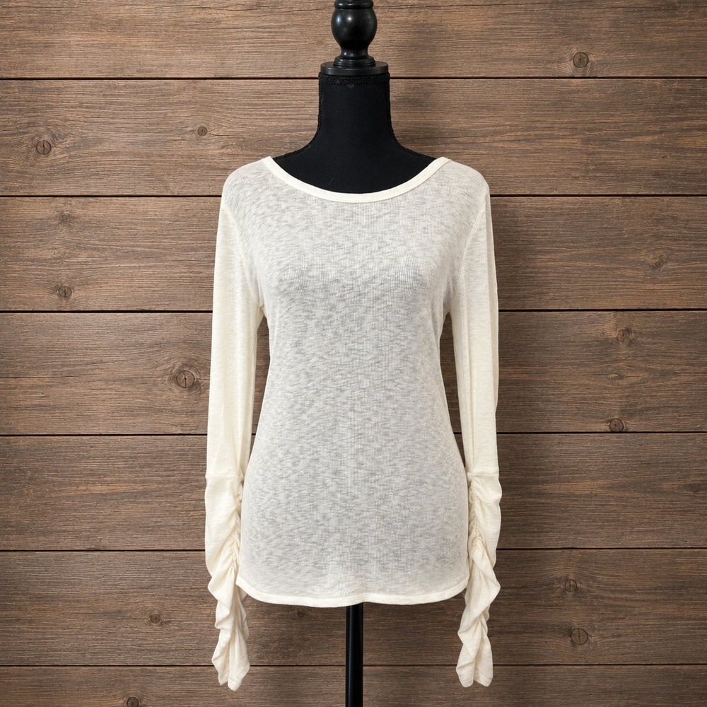 Intimately Free Sheer Ivory Thermal Top Large Ruched Sleeve Lightweight Layering